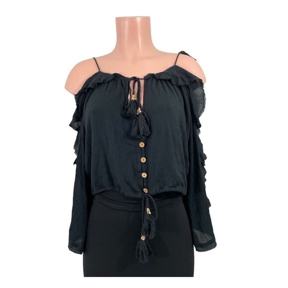 Free People Love You Madly Top Size SMALL Cold Shoulder Open Back Black Blouse - Picture 1 of 7